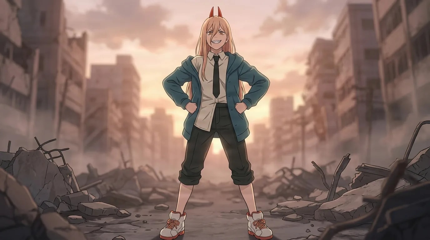 Power stands hands on hips amid a rubble-strewn ruined city at dusk, red horns and a sharp-toothed grin, blue coat over white shirt and black tie with white sneakers.