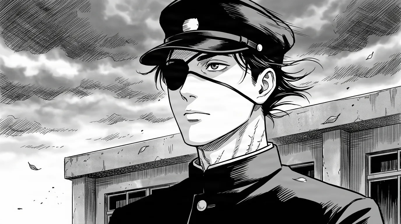 A young man in a peaked military cap and an eyepatch wears a high-collared black uniform, gazing to the side on a rooftop under a heavy grey sky.