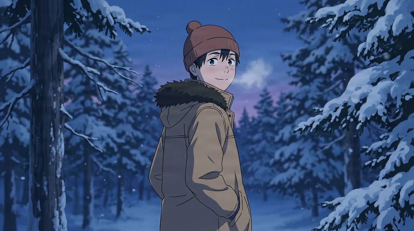 A young man in a red pom beanie and tan fur-collared parka stands in a snowy pine forest at dusk with his hands in his pockets, glancing back over his shoulder under a purple twilight sky.