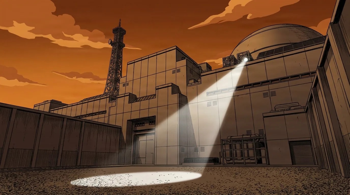 A vast fortified concrete detention facility with a communications tower and a domed hall stands under an orange dusk sky as a lone searchlight beam sweeps the empty gravel yard.