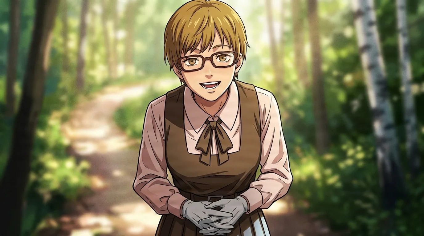 Yuko leans forward with a bright open smile behind brown rimmed glasses, hands clasped in gloves over her brown pinafore, on a sunlit forest path.
