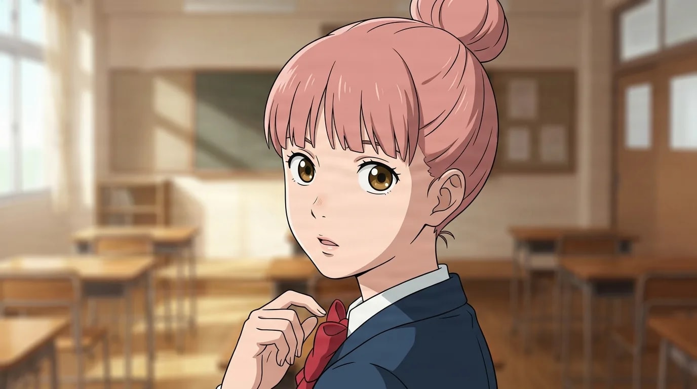 Anzu glancing back over her shoulder with a soft curious look, pink hair in a high bun and navy blazer with a red bow, in a blurred sunlit classroom