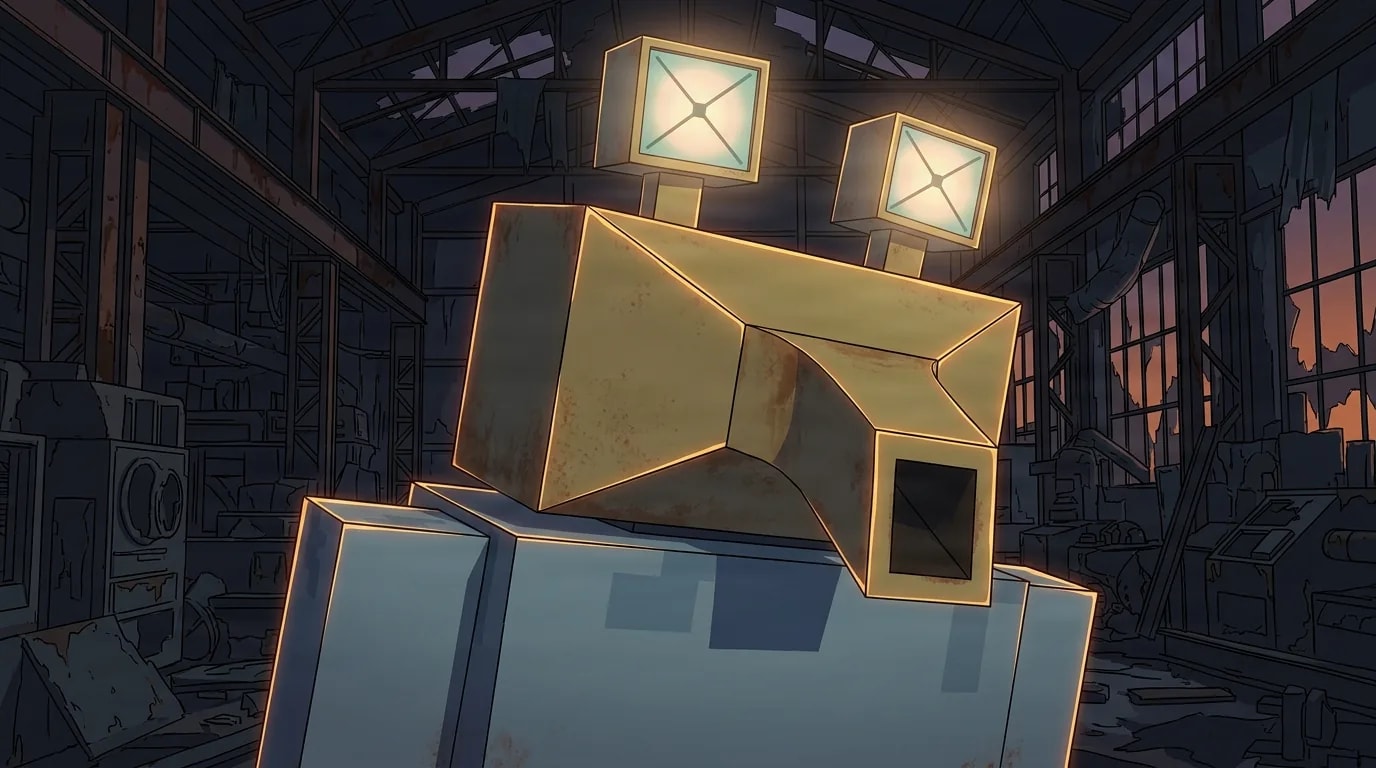 Boxy khaki robot with two glowing square screen eyes on stalks looming inside a dark abandoned factory lit by warm dusk light through broken windows