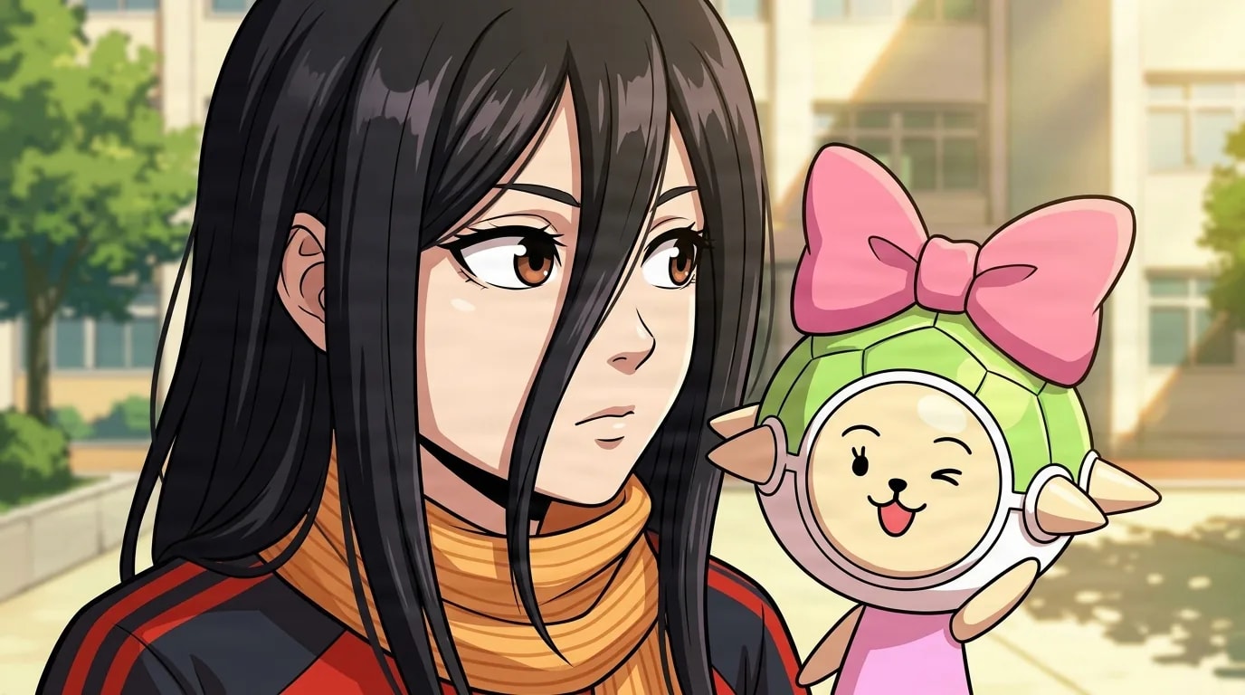 Long black-haired young woman with brown eyes and an orange scarf standing beside her round turtle-shell guardian spirit doll with a bow in a sunlit schoolyard