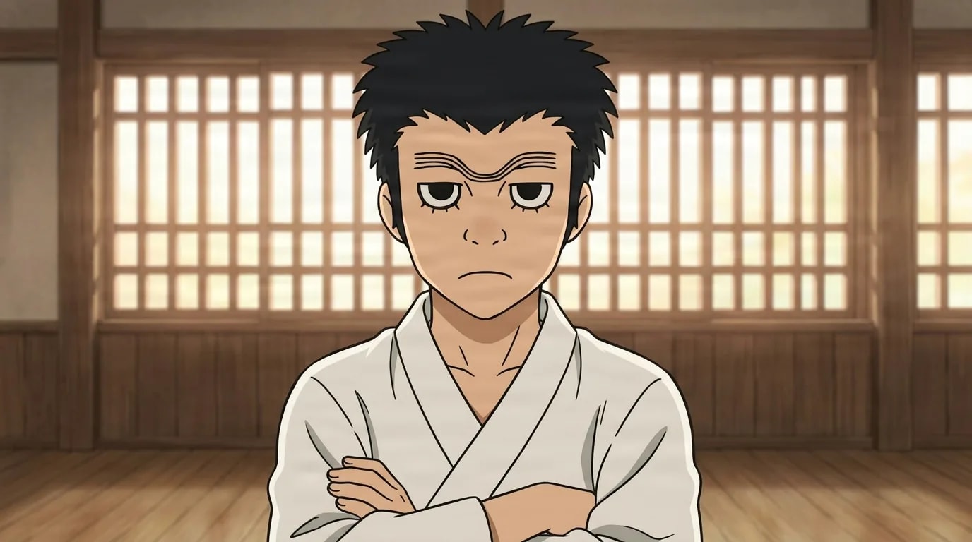 Black-haired young man with thick eyebrows in a white martial arts gi standing with arms crossed and a stern frown inside a sunlit traditional dojo
