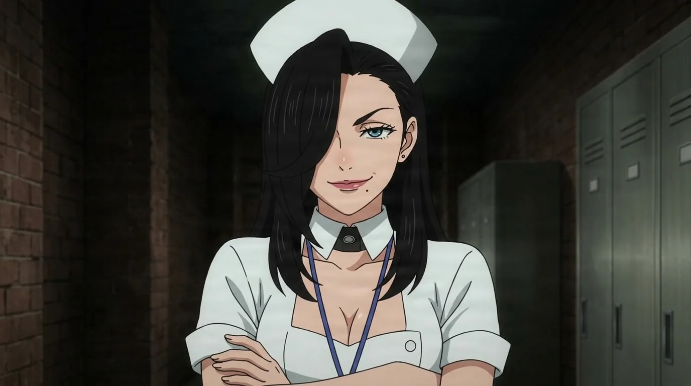 A woman with long black hair and a small white nurse cap smiling slyly with her arms crossed, wearing a white uniform and a blue lanyard, standing in a dim brick hallway lined with lockers.