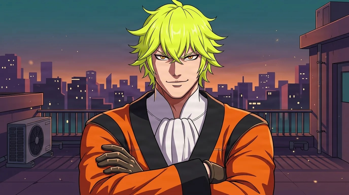 A young man with spiky bright hair and orange eyes standing with his arms crossed on a rooftop at dusk, wearing an orange jacket and a dark glove, a city skyline glowing behind him.