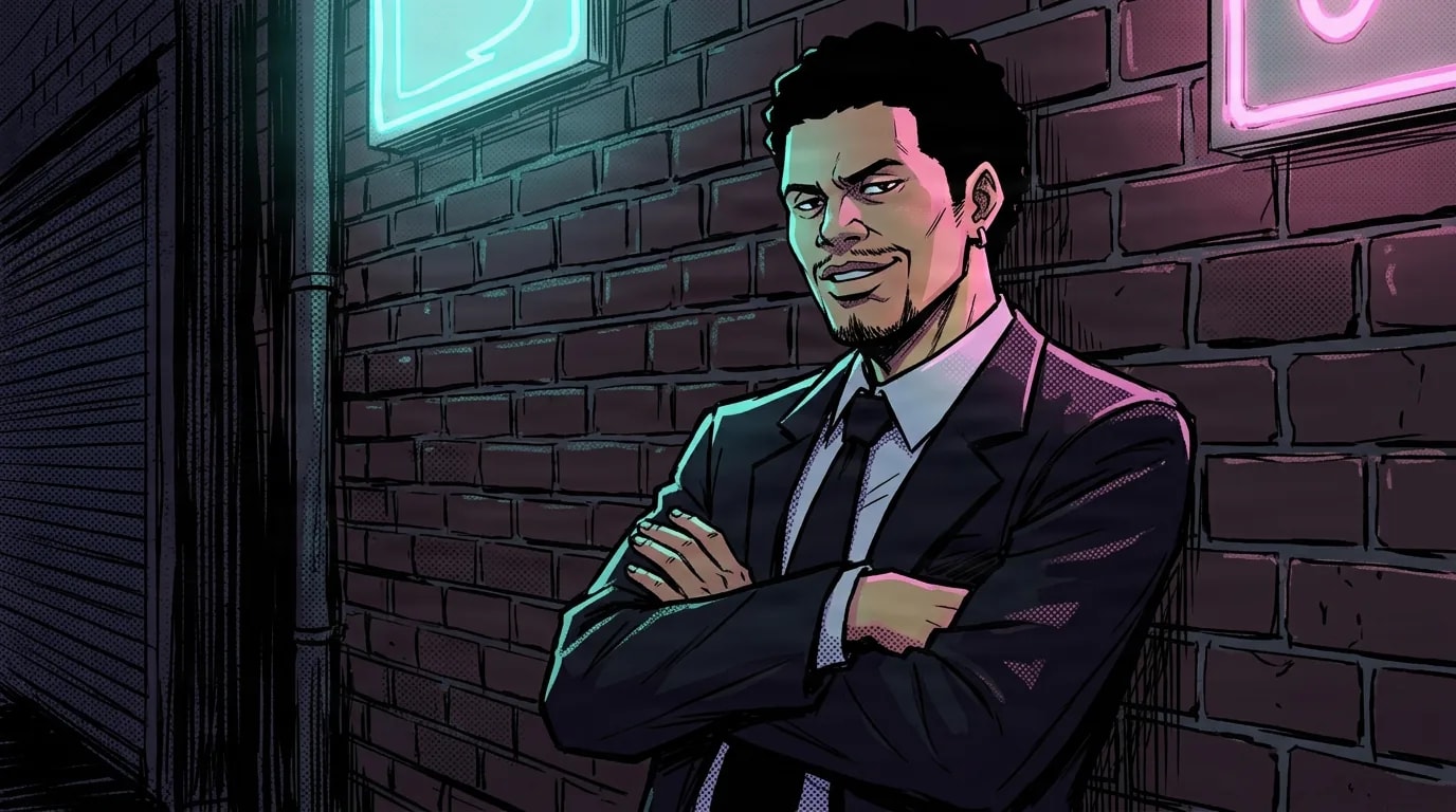 Dark-skinned man with short curly hair, a goatee and an earring, wearing a dark suit and tie, arms crossed and smirking as he leans against a brick alley wall lit by teal and pink neon signs at night.