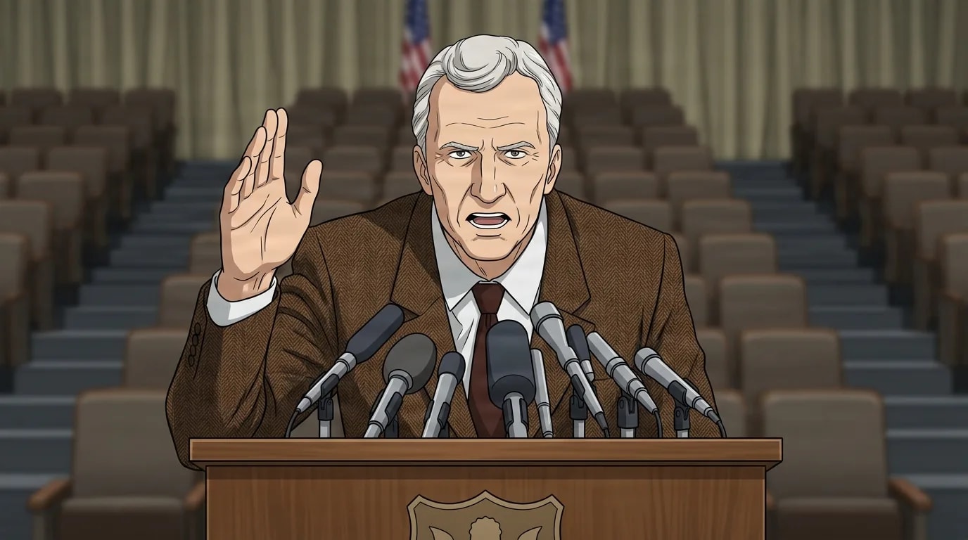 An older gray haired man in a brown tweed suit stands at a podium crowded with microphones, one hand raised as he speaks, empty auditorium seats and flags behind him.