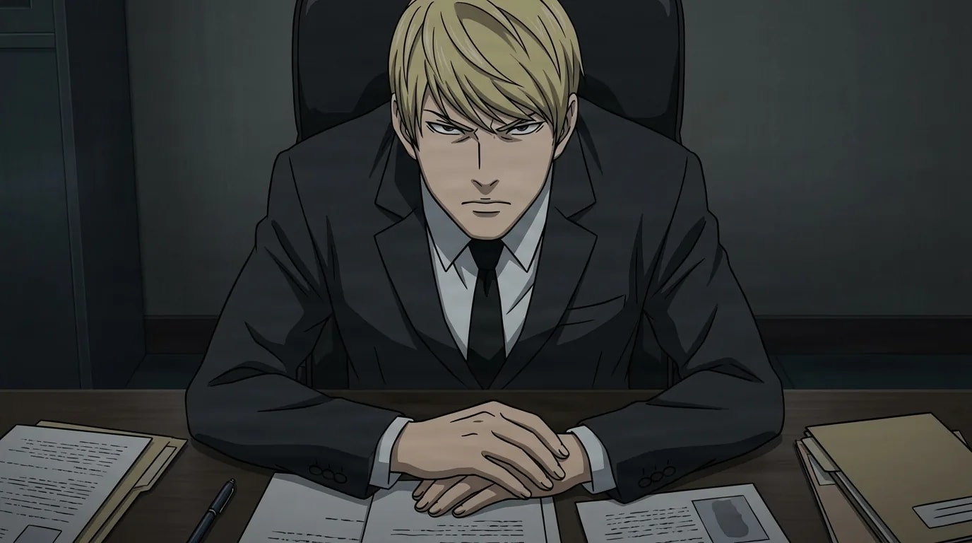 A blonde man in a black suit and tie sits at a desk with his hands clasped, staring ahead with a hard expression, scattered documents and a pen in front of him.
