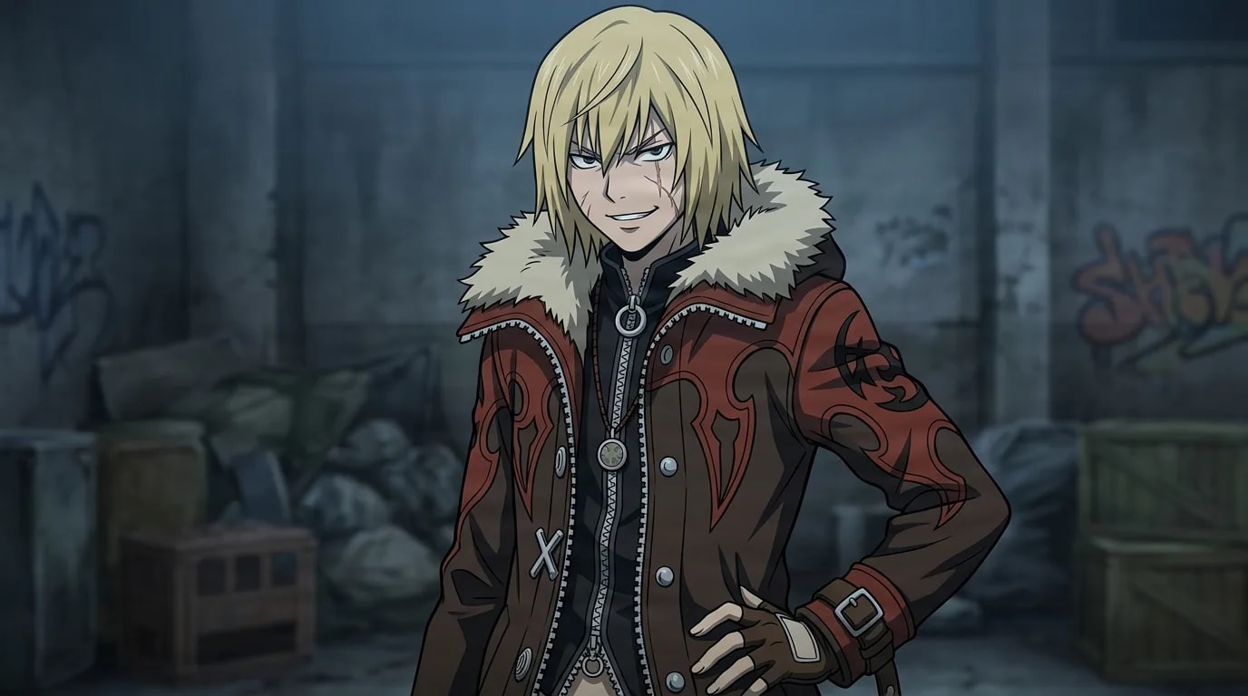 Mello, a blond young man with a facial scar in a fur-collared leather jacket, rests one hand on his hip with a defiant smirk in a graffiti-covered alley.