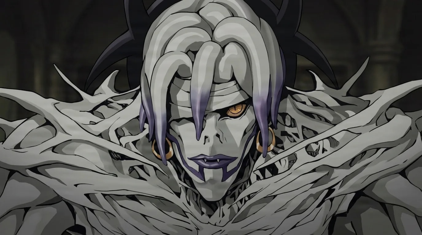 Rem, a gaunt white shinigami with cascading pale locks, purple facial markings, a single amber eye and gold hoop earrings, gazes solemnly at the viewer in a dim arched hall.