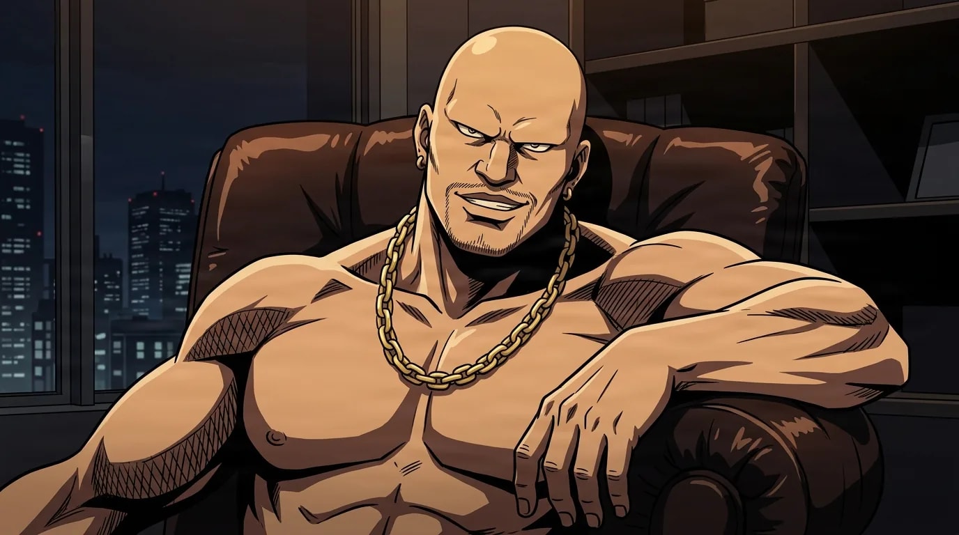 A bald muscular man with a thick gold chain necklace reclines shirtless in a brown leather armchair inside a dark high rise office, a city skyline glowing through the window behind him.