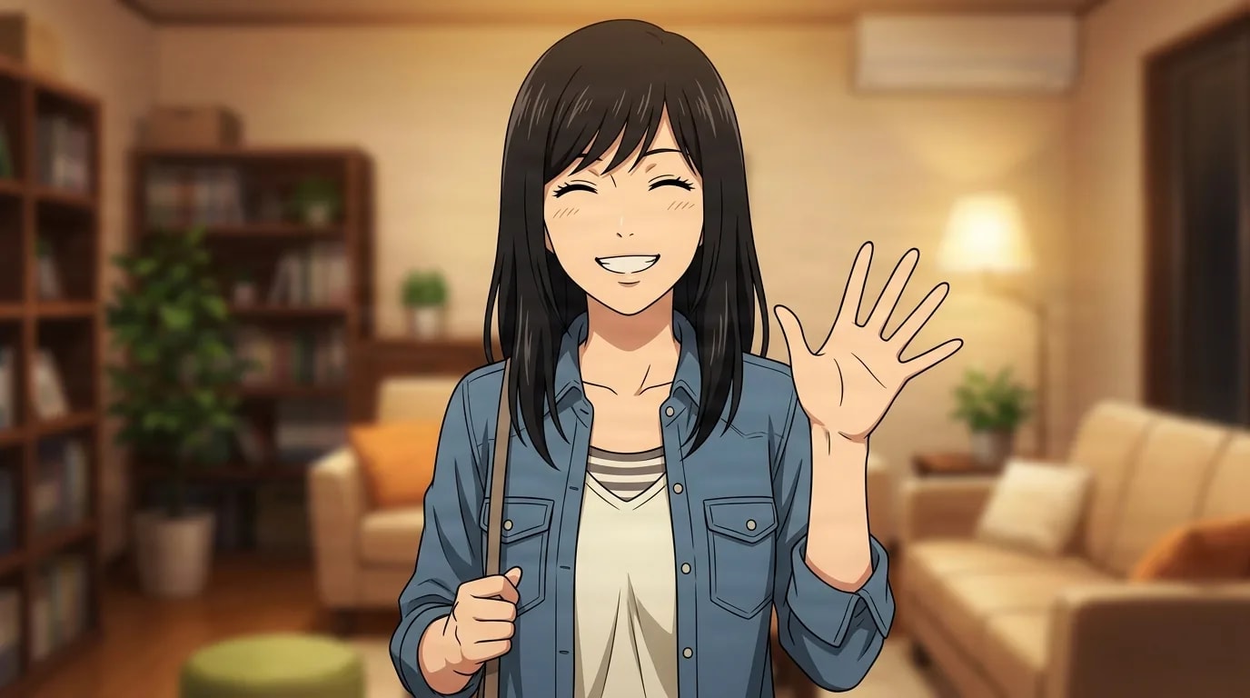 Sayu Yagami, a long-haired young woman in a denim jacket, beams with a bright grin and waves one hand in a cozy lamplit living room.