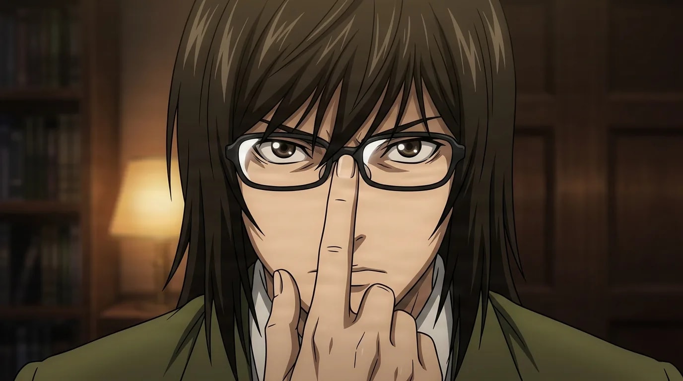 Teru Mikami, a long-haired man in glasses, pushes his spectacles up with one finger while fixing the viewer with an intense zealous stare in a dim lamplit study.