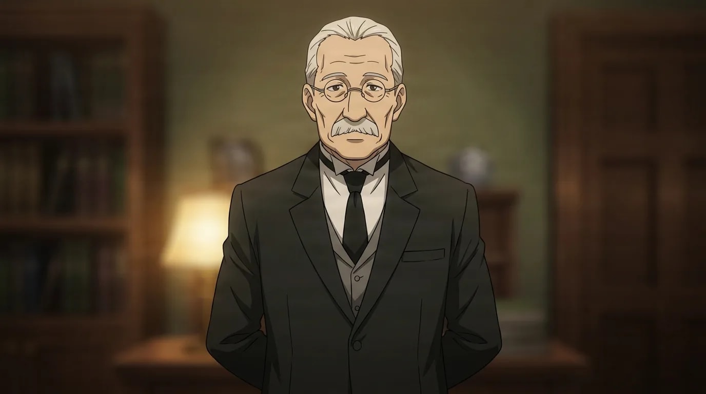 Watari, a white-haired elderly man with a mustache and glasses in a black suit and tie, stands with hands behind his back and a calm dignified look in a dim lamplit study.