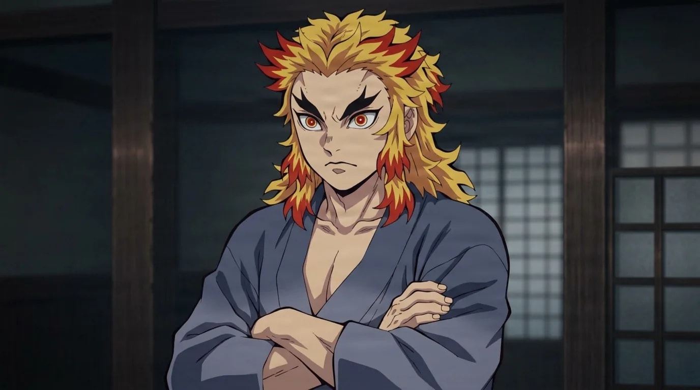 Shinjuro Rengoku scowls with arms crossed over his grey robe, flame-tipped hair framing a stern grim face inside a dim traditional wooden house.
