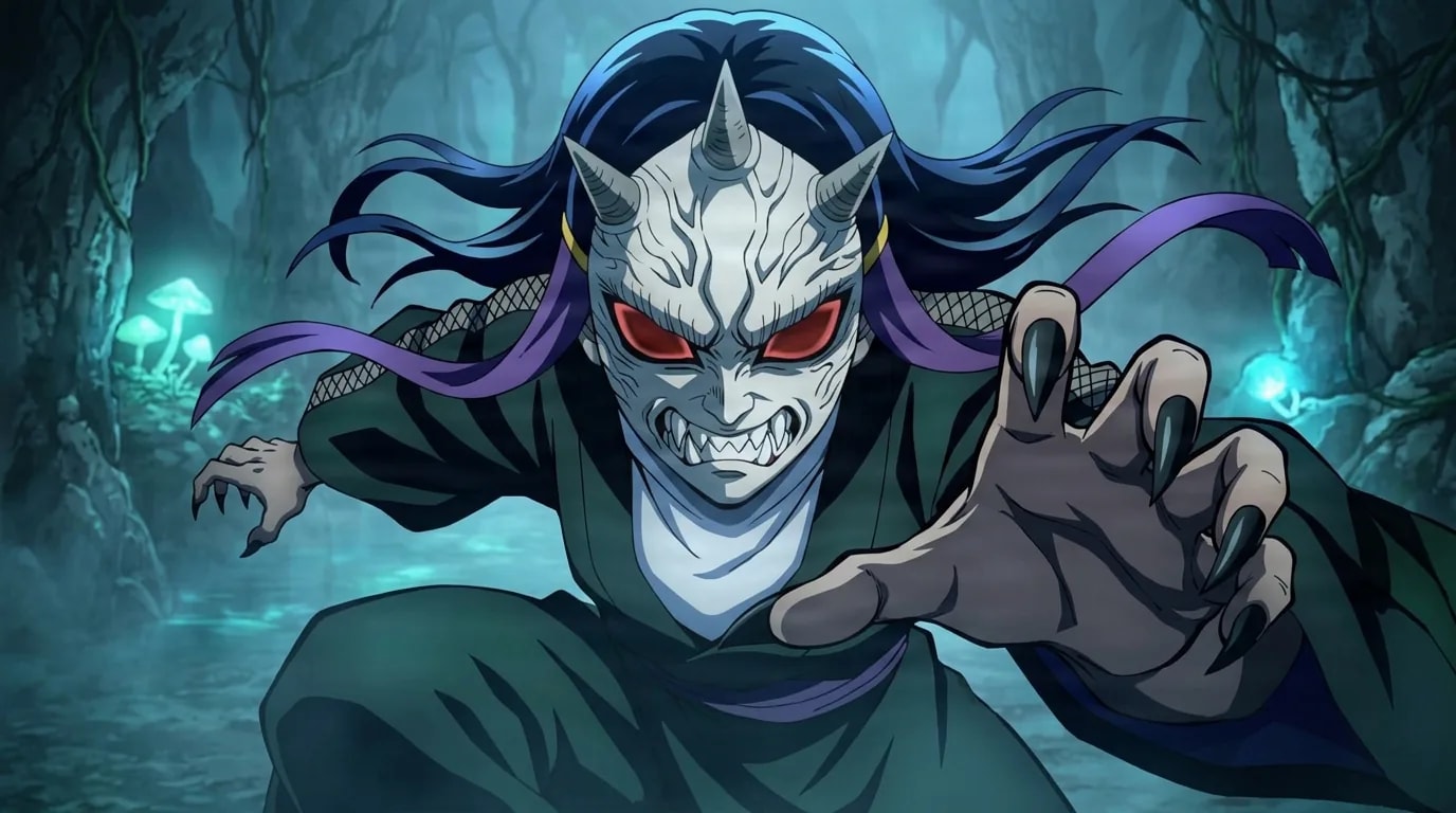 A blue haired masked demon with three grey horns and glowing red eyes crouches low in a misty blue cave, reaching one clawed hand toward the viewer with a fanged snarl.
