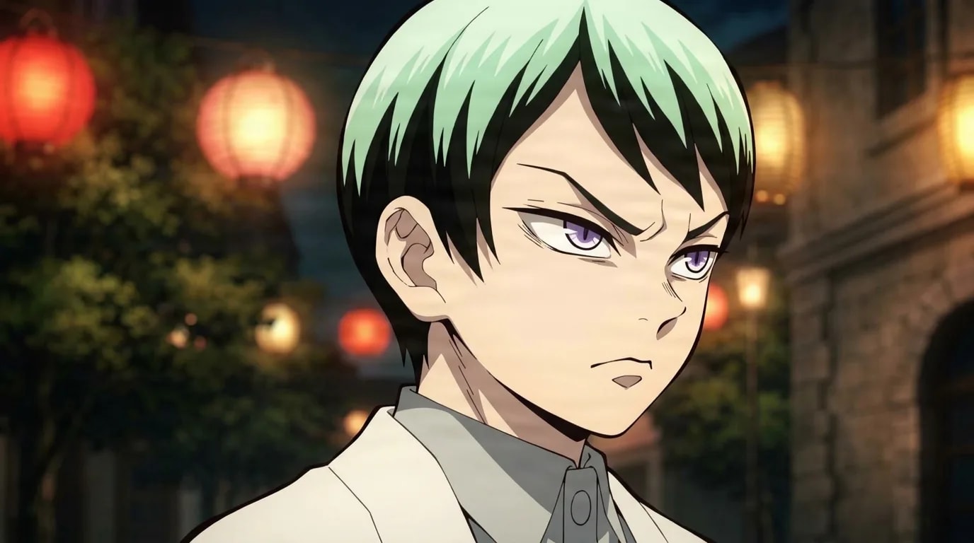 Yushiro glares to the side with a guarded sullen frown, green and black hair and pale purple eyes, on a lantern-lit night street.
