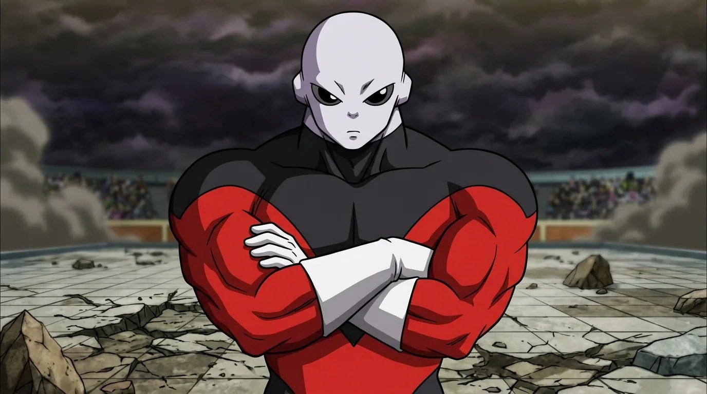 Jiren, the stoic grey-skinned Pride Trooper of Universe 11 in a red and black suit.