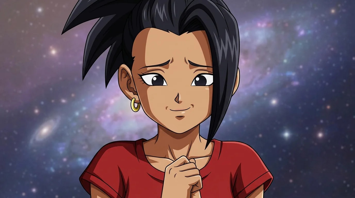 Kale in her shy base form, smiling softly with her hand held to her chest, wearing a red shirt and gold hoop earring against a starry galaxy backdrop