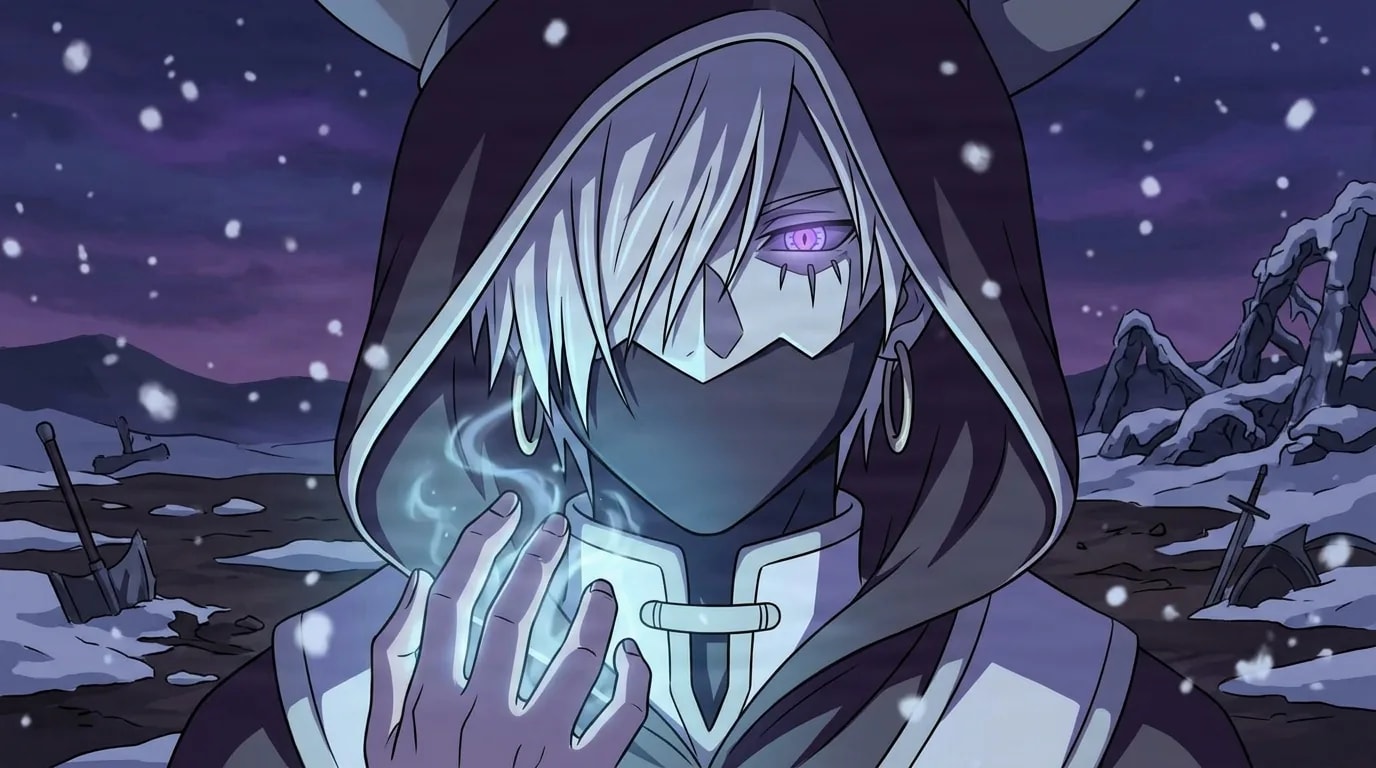 Hooded figure with silver hair and one glowing violet eye conjures wisps of magic above an outstretched hand on a snowy battlefield at dusk.