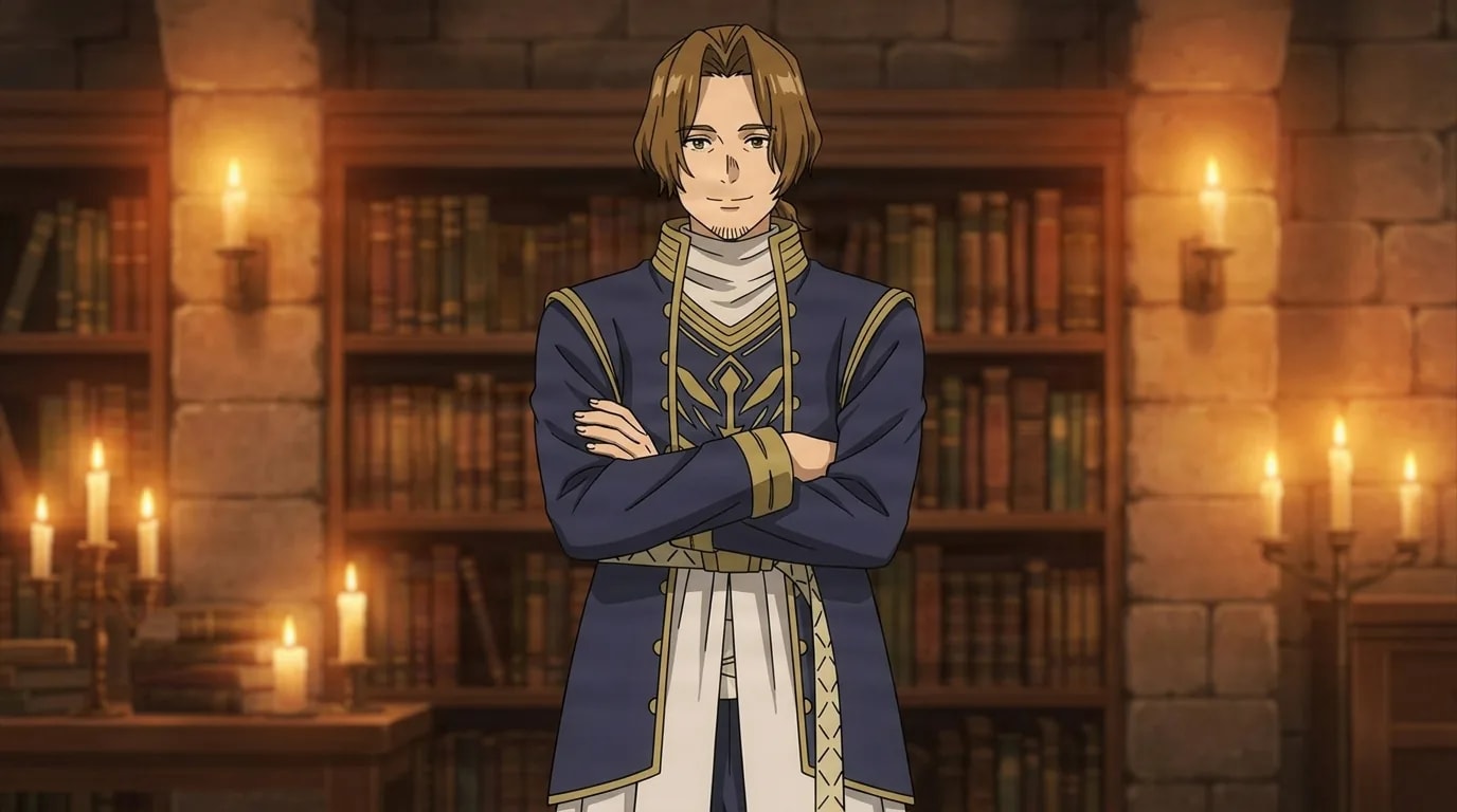Sein, a man in a navy priest coat with gold trim, stands with arms crossed and a relaxed smile in a warm candlelit stone library full of old books.