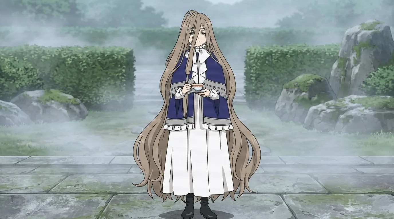 Sense, a woman with very long ash-brown hair in a blue fringed cape over a white dress, holds a teacup in both hands on a misty stone garden terrace.