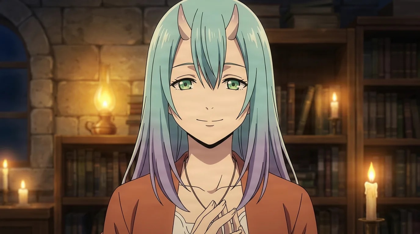 Solitar, a horned demon woman with long mint and lavender hair, clasps her hands near her chest with a gentle smile in a candlelit stone study lit by an oil lamp.