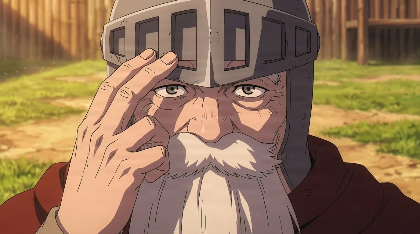 Elderly bearded knight in a barred steel helmet and red cloak raising one hand to his brow on a sunlit training ground