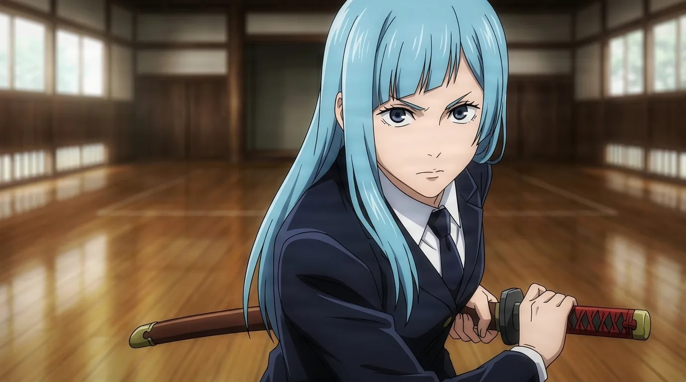 Kasumi Miwa gripping her red-wrapped sheathed katana with a focused glare in a sunlit wooden training hall