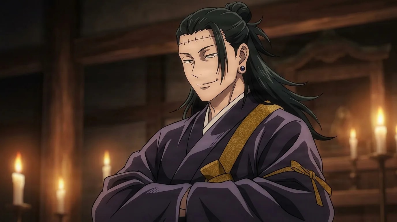 Kenjaku smiling slyly with his arms folded into his robe sleeves in a candlelit temple interior