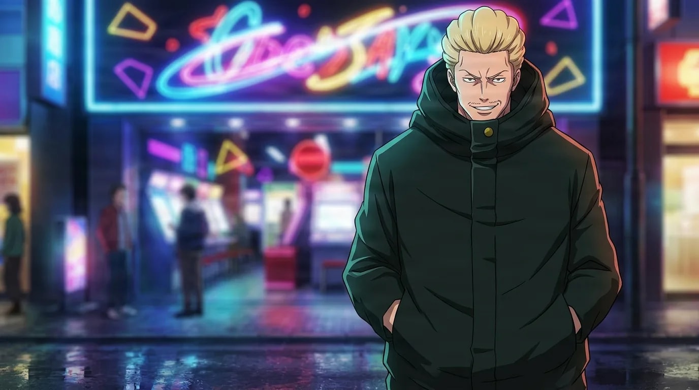 Kinji Hakari in a dark hooded parka smirking with his hands in his pockets outside a neon-lit arcade at night
