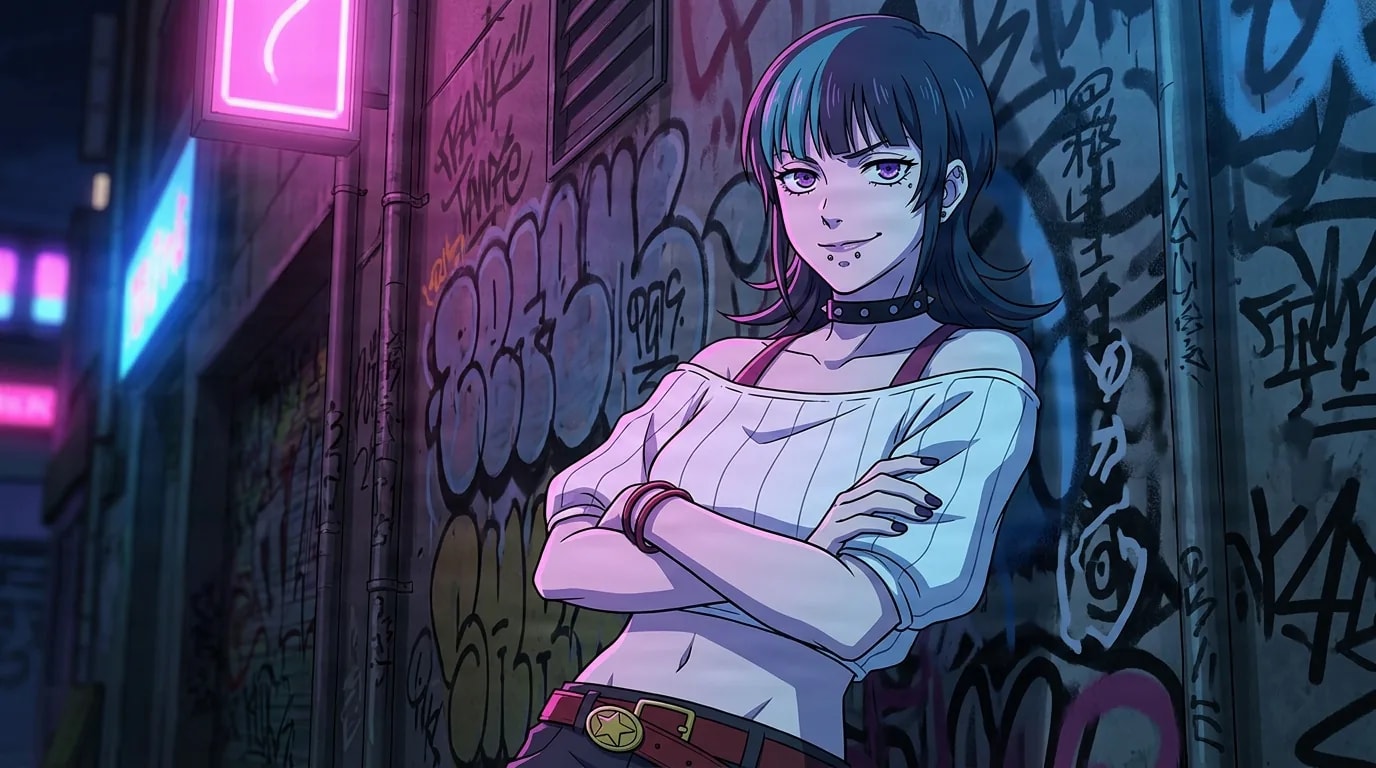 A young woman with a teal streak in her dark hair and a white off shoulder top leans against a graffiti wall under pink and blue neon at night.