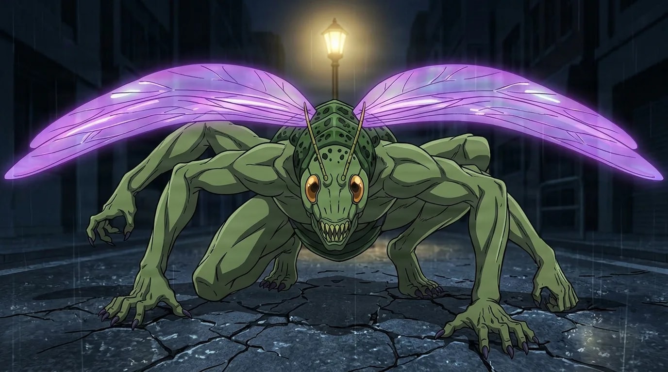 A green muscular insect creature with translucent purple dragonfly wings crouches on cracked pavement beneath a streetlamp on a rainy night.