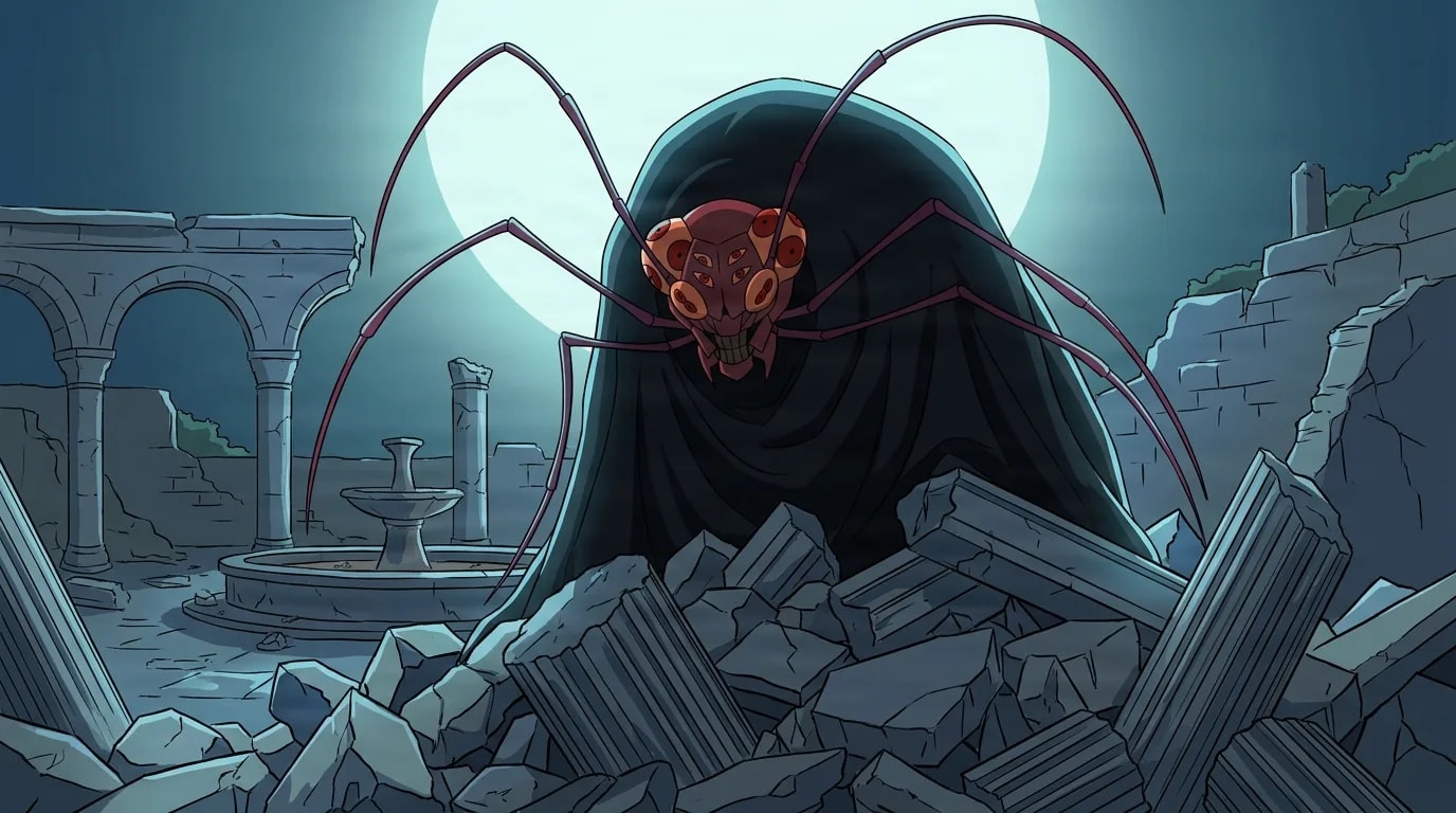 A towering cloaked cockroach curse with a reddish multi eyed face and long thin antennae looms over rubble in a moonlit ruined courtyard.