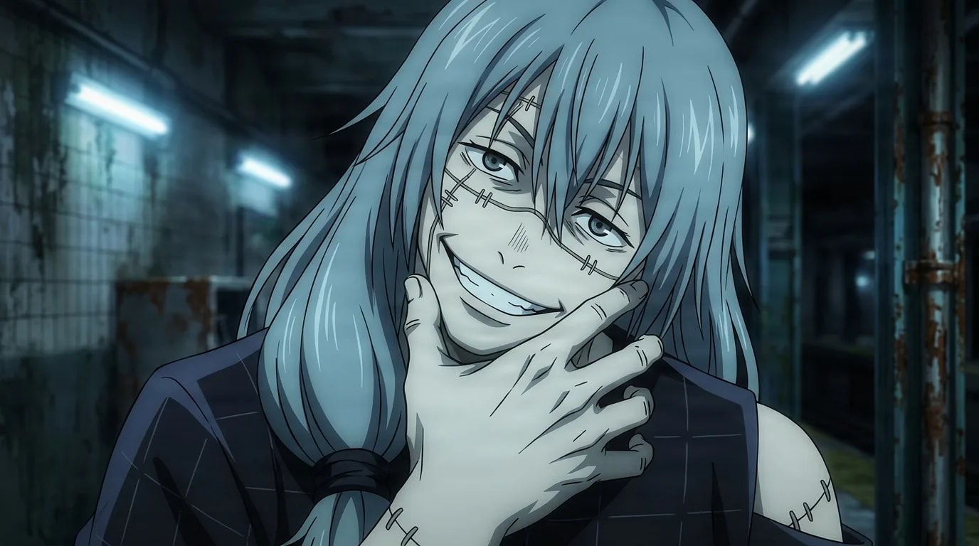 Mahito grinning with a raised hand near his stitched face on a derelict fluorescent-lit subway platform