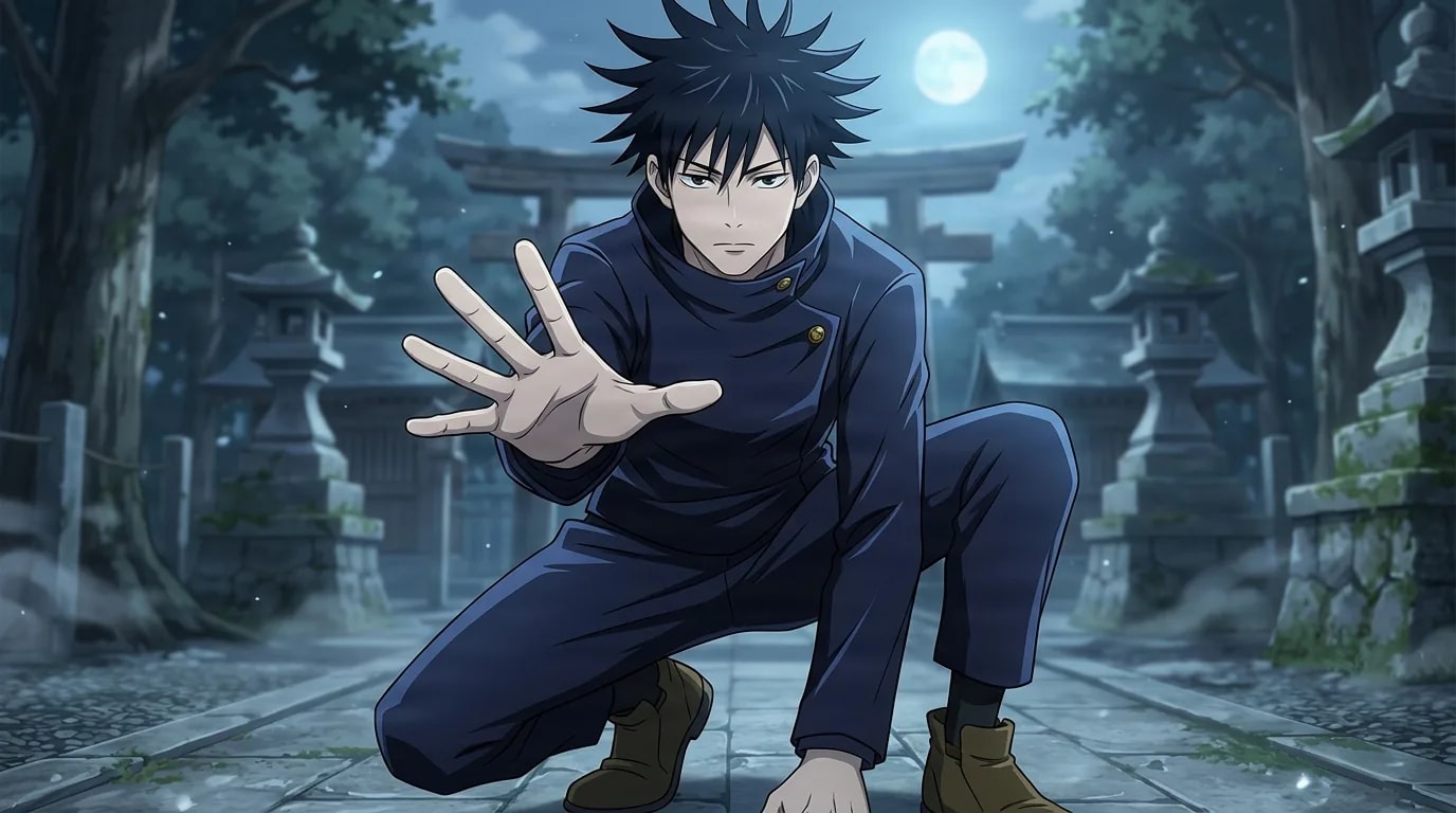 Megumi Fushiguro crouched low with one open palm thrust toward the viewer in a moonlit shrine courtyard flanked by stone lanterns and a torii gate, dark spiky hair and a navy uniform.