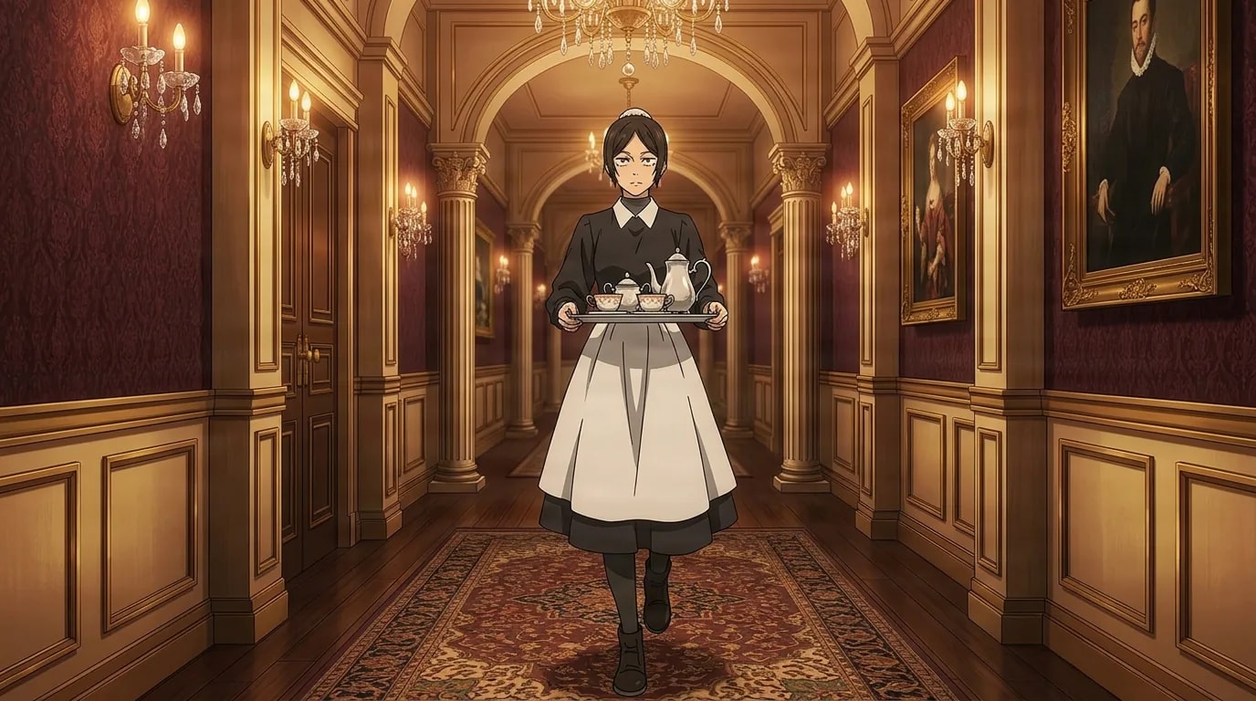 Misato Kuroi in her black and white maid uniform carrying a tea tray down a gilded mansion hallway lined with portraits