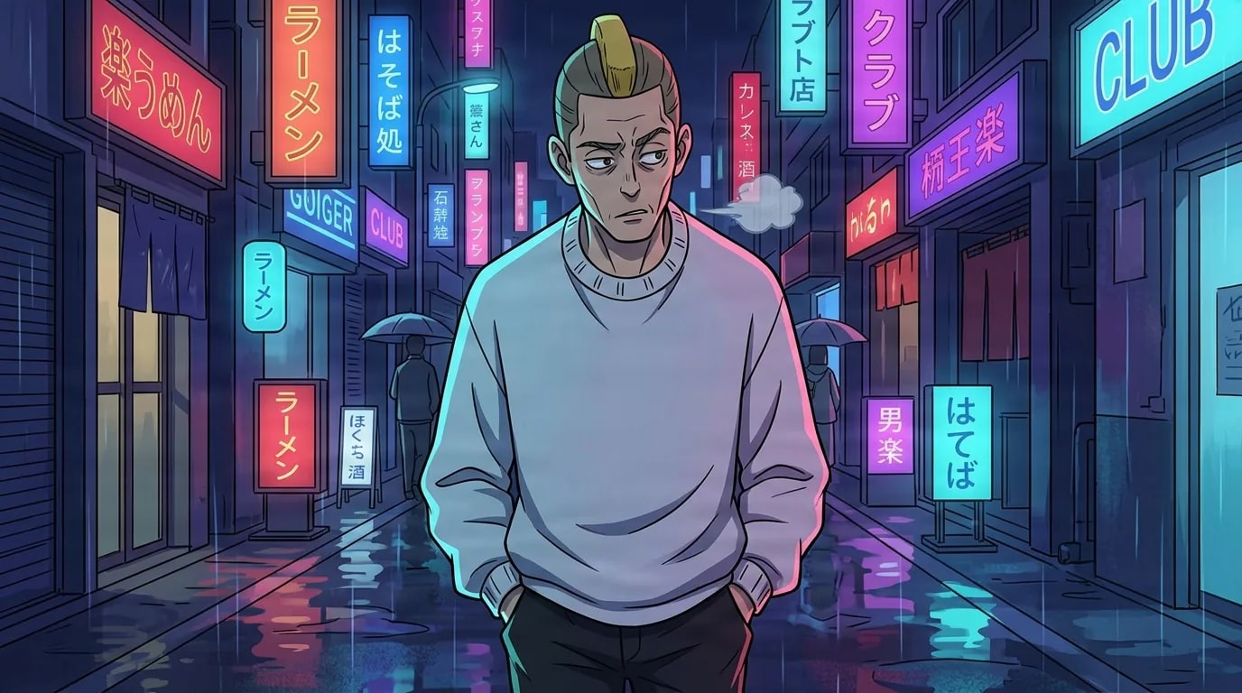 A young anime man with a blonde topknot and gray sweater walks with hands in his pockets down a rainy neon-lit city street at night.