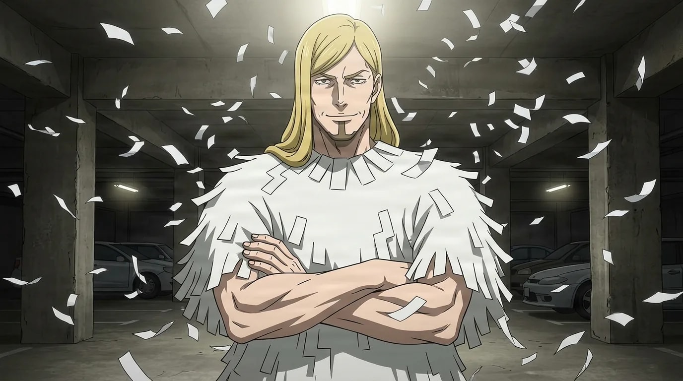 A blonde long-haired anime man in a white paper-tag outfit stands with arms crossed and a smirk in a dim parking garage as paper slips flutter around him.