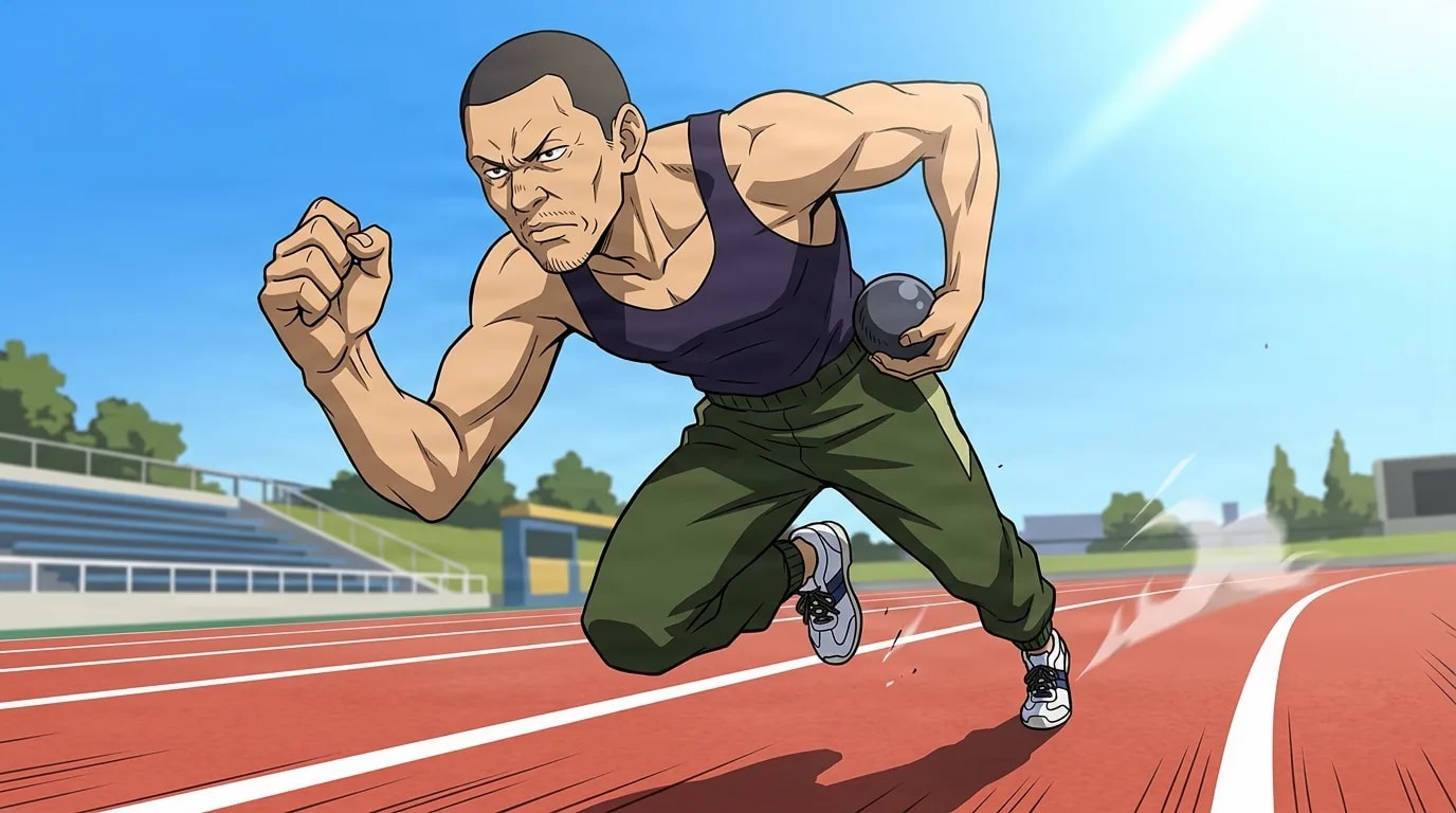 A lean muscular older man in a navy tank top and olive track pants sprints across an outdoor running track under a bright blue sky, clutching a shot put in one hand.