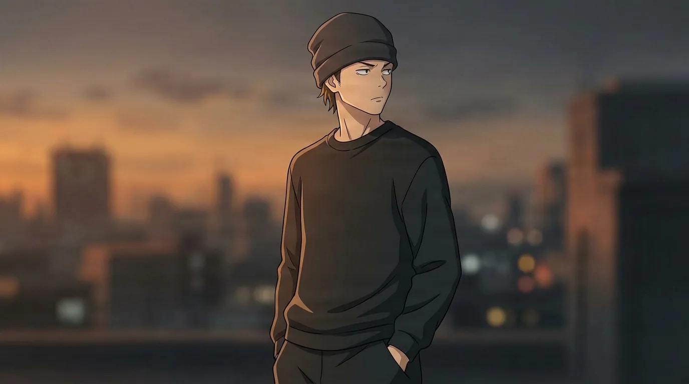 Takuma Ino in a dark beanie and black sweater keeps his hands in his pockets and glances aside with a cool look on a rooftop against a hazy dusk skyline
