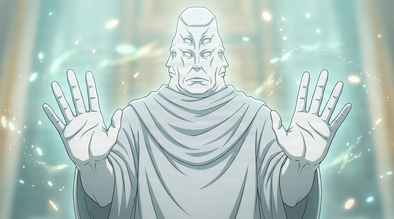 Tengen, a pale robed being with an elongated head and multiple eyes, raises both open hands in a calm gesture inside a glowing ethereal sanctum