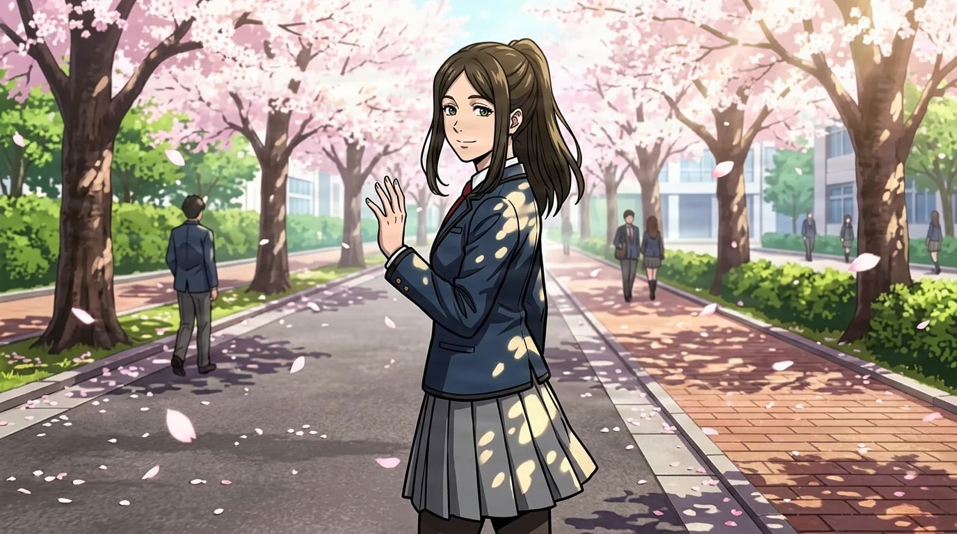 A young woman in a navy school blazer, red tie and gray pleated skirt turns to wave with a gentle smile while walking down a sidewalk lined with blooming cherry trees, petals drifting around her.