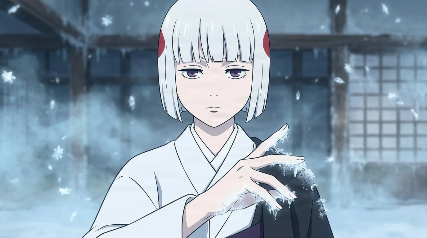 Uraume with white bobbed hair and red forehead marks in a white kimono, frost and ice crystals gathering on a raised hand in a wintry wooden hall