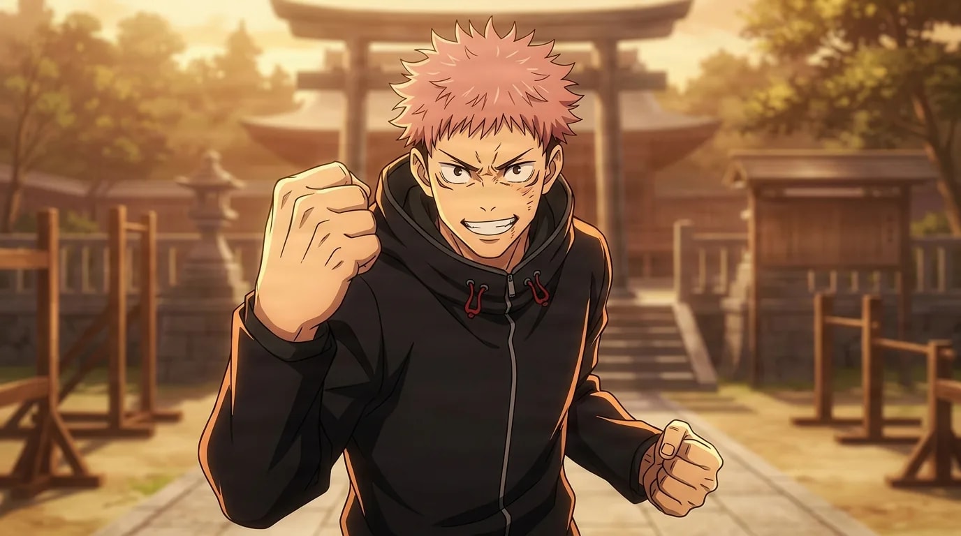 Yuji Itadori with pink spiky hair grins fiercely and raises his fists in a black hoodie before a blurred shrine gate at dusk