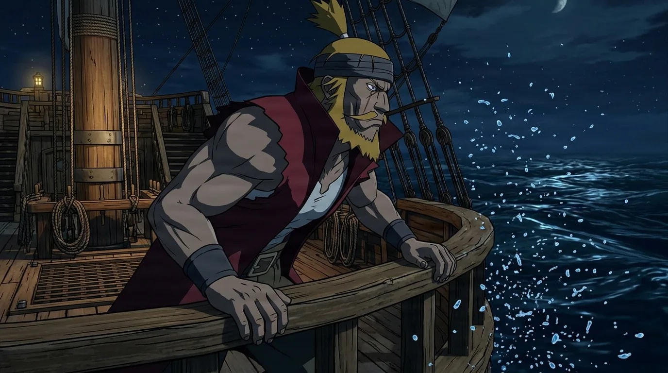Grizzled bearded warrior grips the bow railing of a ship as sea spray flies at night