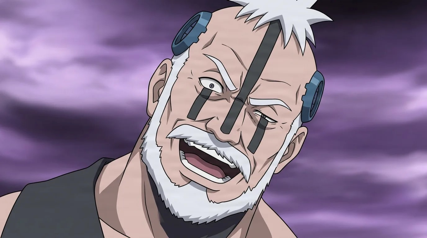 Boro from Naruto in a close-framed cel-shaded anime scene with a detailed environment