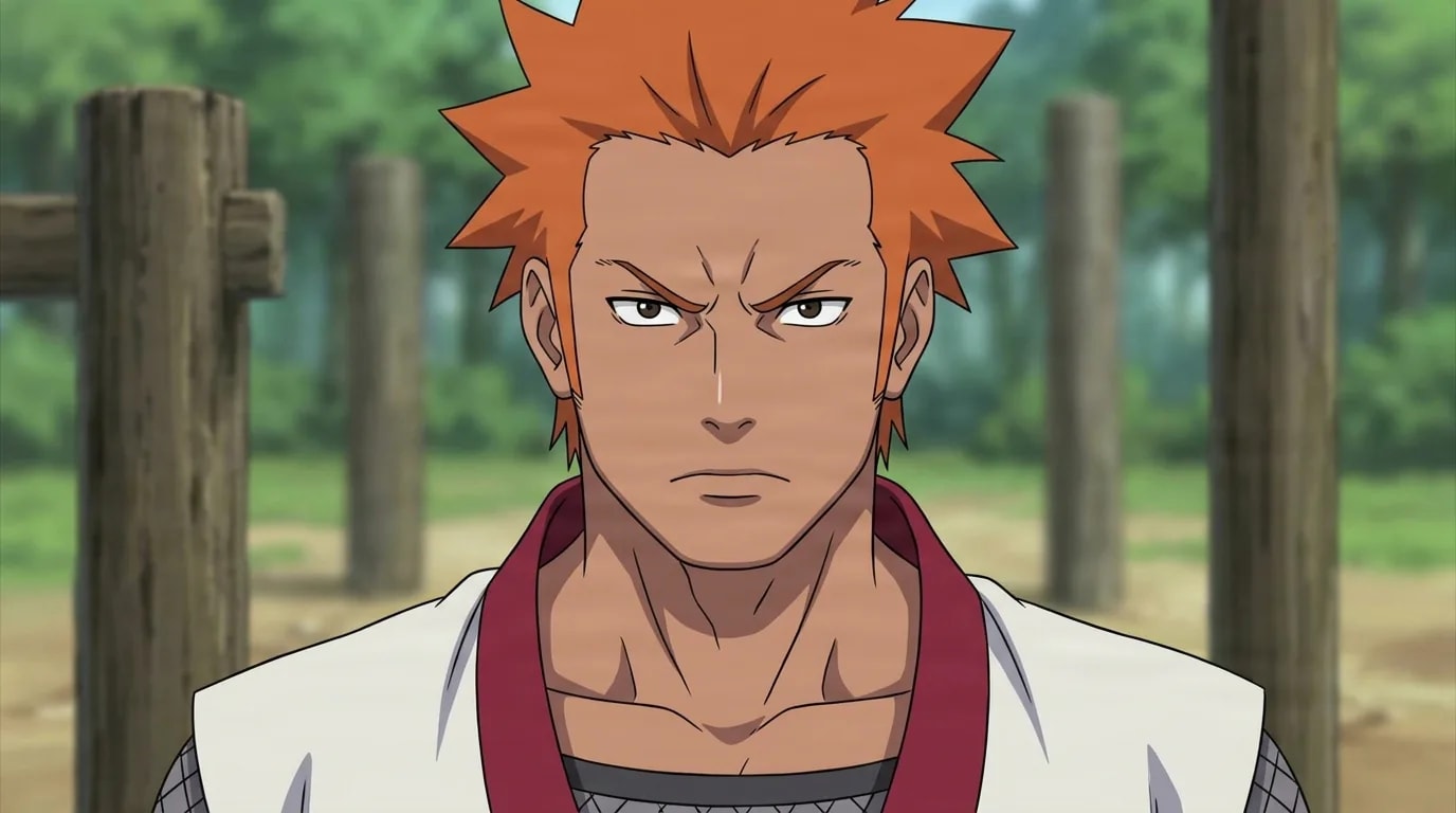 Crimson Fist from Naruto in a close-framed cel-shaded anime scene with a detailed environment